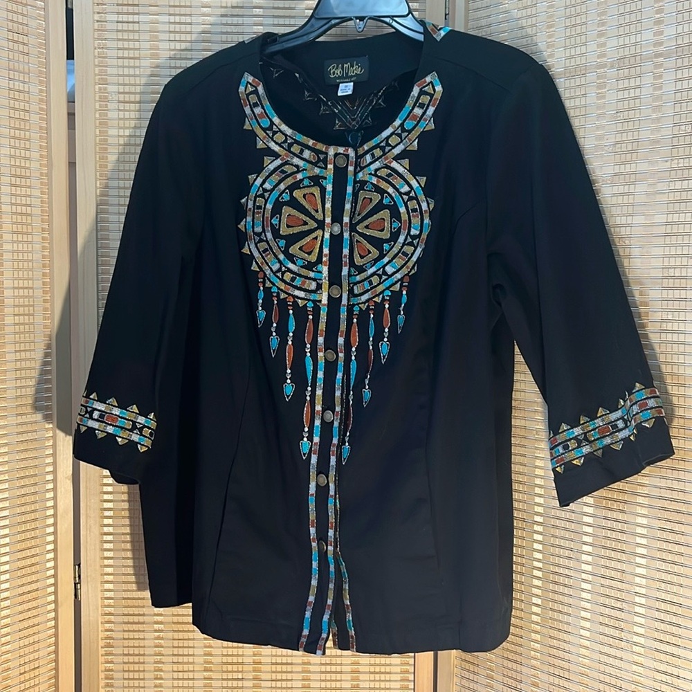 Bob Mackie Metallic Embroidered Indian Design Black Shirt-Jacket 1X